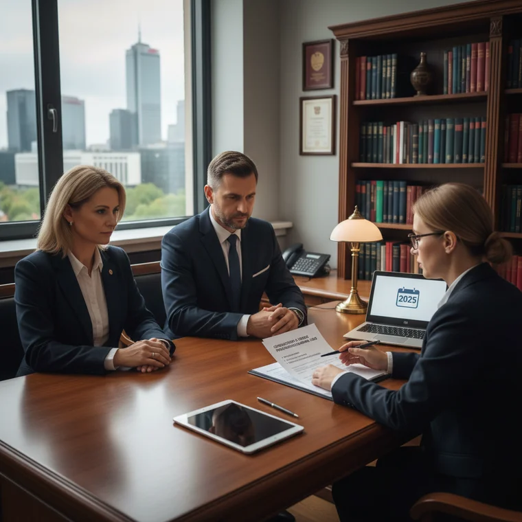 Notariusz analizuje dokumenty dotyczące stanu rodzinnego przy sprzedaży mieszkania 2025, sprawdzając ustrój majątkowy i księgę wieczystą