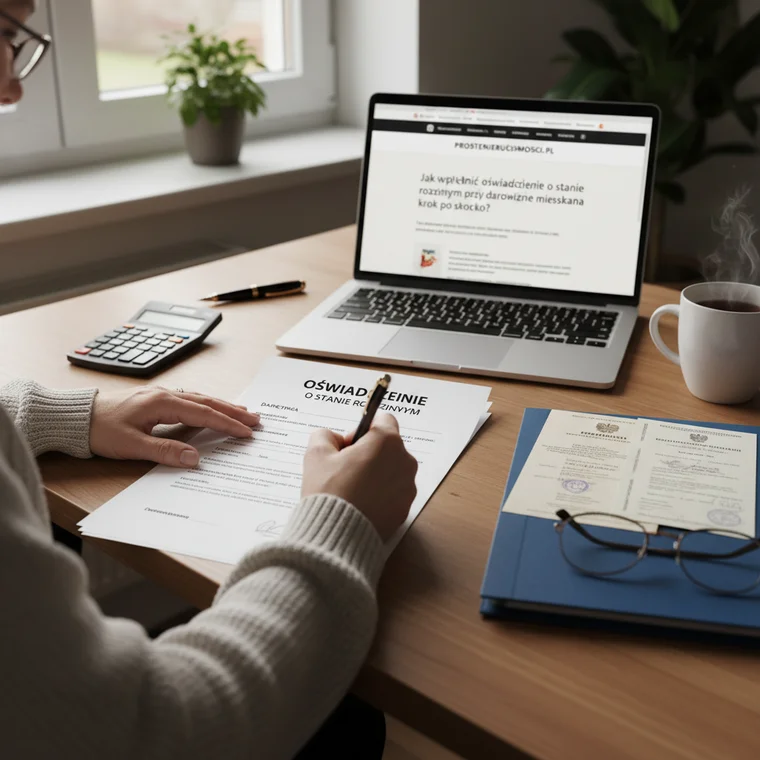 Notariusz i klient analizują stopień pokrewieństwa przy darowiźnie mieszkania, przygotowując oświadczenie o stanie rodzinnym krok po kroku
