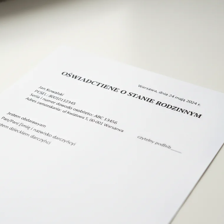 Para w kancelarii notarialnej omawia, jak wypełnić oświadczenie o stanie rodzinnym przy darowiźnie mieszkania krok po kroku, aby skorzystać ze zwolnienia podatkowego