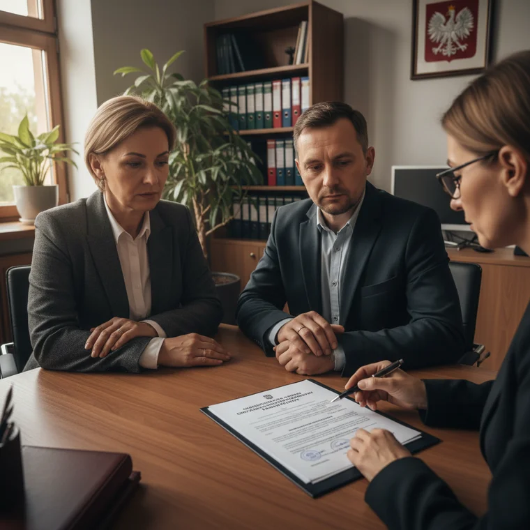 Notariusz omawia z małżeństwem rozdzielność majątkową i skutki dla zwolnienia z PCC, w tym kiedy urząd skarbowy wymaga oświadczenia o stanie rodzinnym przy kupnie mieszkania
