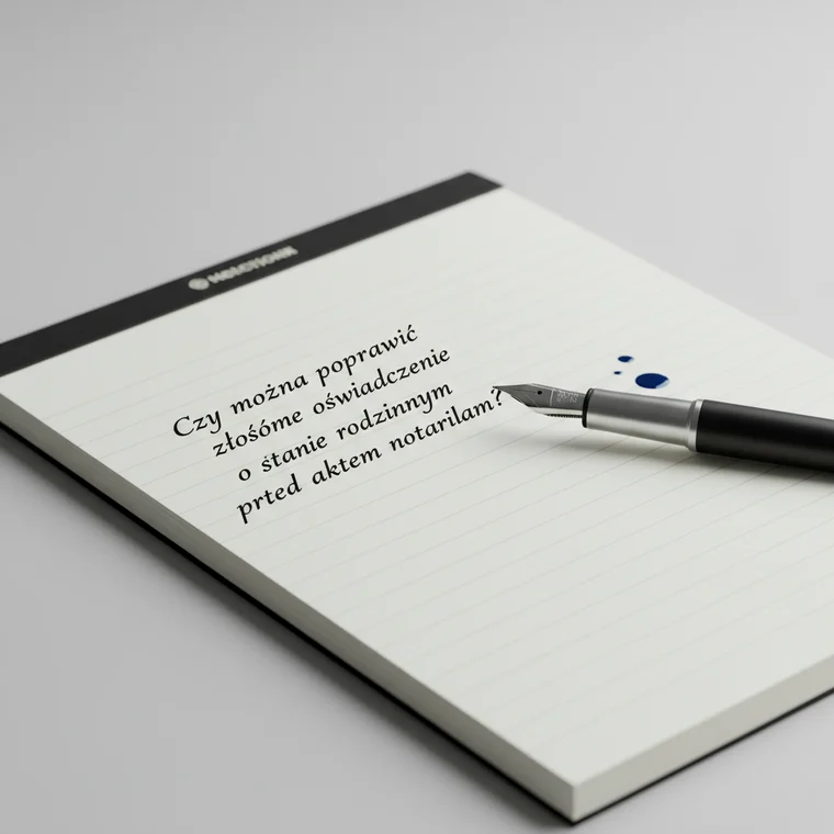 Osoba składająca oświadczenie o stanie rodzinnym przed aktem notarialnym u notariusza, konsultująca poprawki w dokumencie dotyczącym transakcji nieruchomościowej