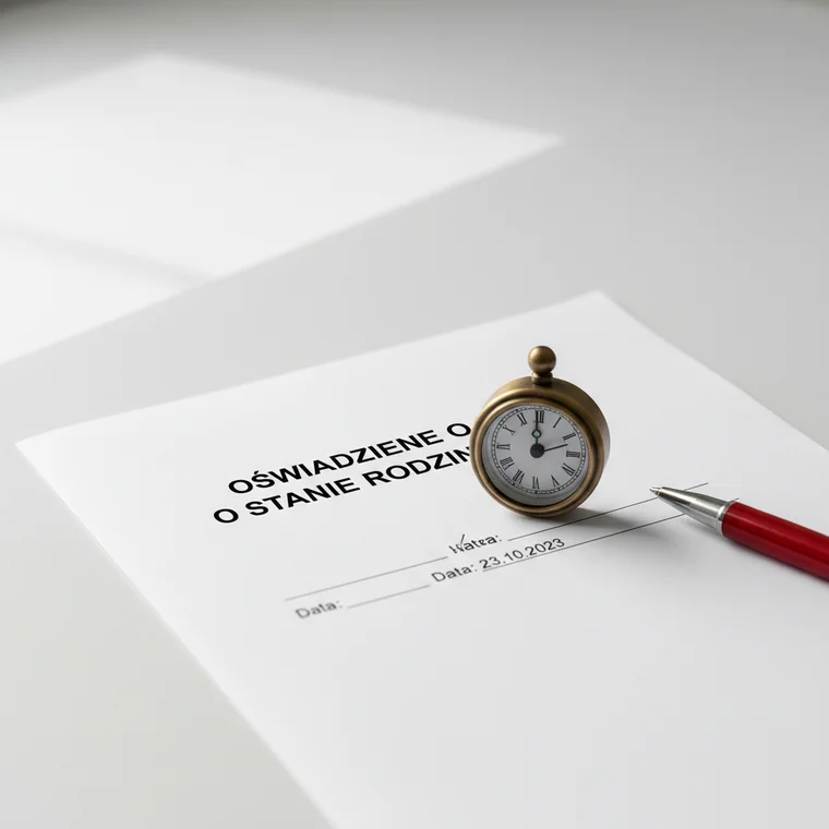 Notariusz omawia z klientem oświadczenie o stanie rodzinnym przy zakupie nieruchomości, wyjaśniając, ile czasu jest ważne i kiedy trzeba je zaktualizować