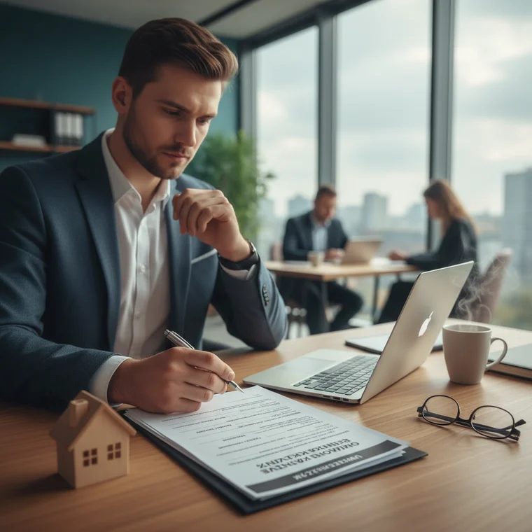 Młody singiel analizujący umowę kredytową i program dopłat do zakupu pierwszego mieszkania, oświadczenie o stanie rodzinnym w banku