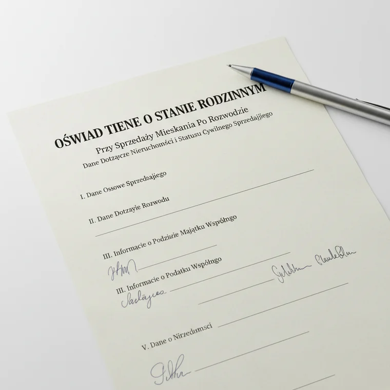 Para po rozwodzie omawia z notariuszem oświadczenie o stanie rodzinnym przy sprzedaży mieszkania, przygotowując dane potrzebne do bezpiecznej transakcji nieruchomości