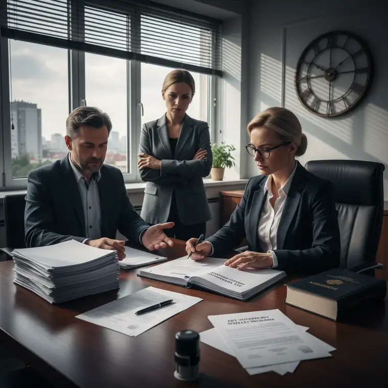 Notariusz analizujący dokumenty przy sprzedaży mieszkania; omawia z klientami, czy brak oświadczenia o stanie rodzinnym unieważnia akt notarialny
