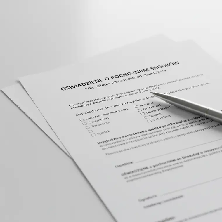 Młoda para omawia oświadczenie o pochodzeniu środków przy zakupie mieszkania od dewelopera przy biurku z dokumentami i planami mieszkania