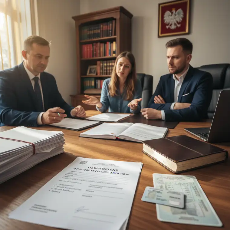 Spotkanie klienta z notariuszem podczas transakcji nieruchomości, omawiane jest oświadczenie o pochodzeniu środków i jego konsekwencje