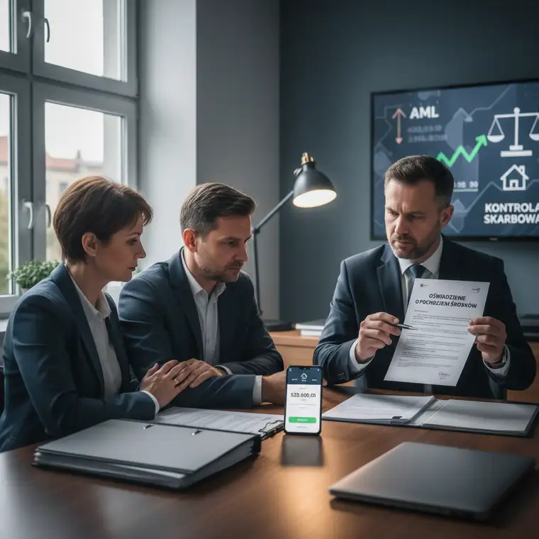 Notariusz analizuje dokumenty finansowe klienta podczas zakupu mieszkania powyżej 500 tys. zł, weryfikując pochodzenie środków i możliwą kontrolę skarbową