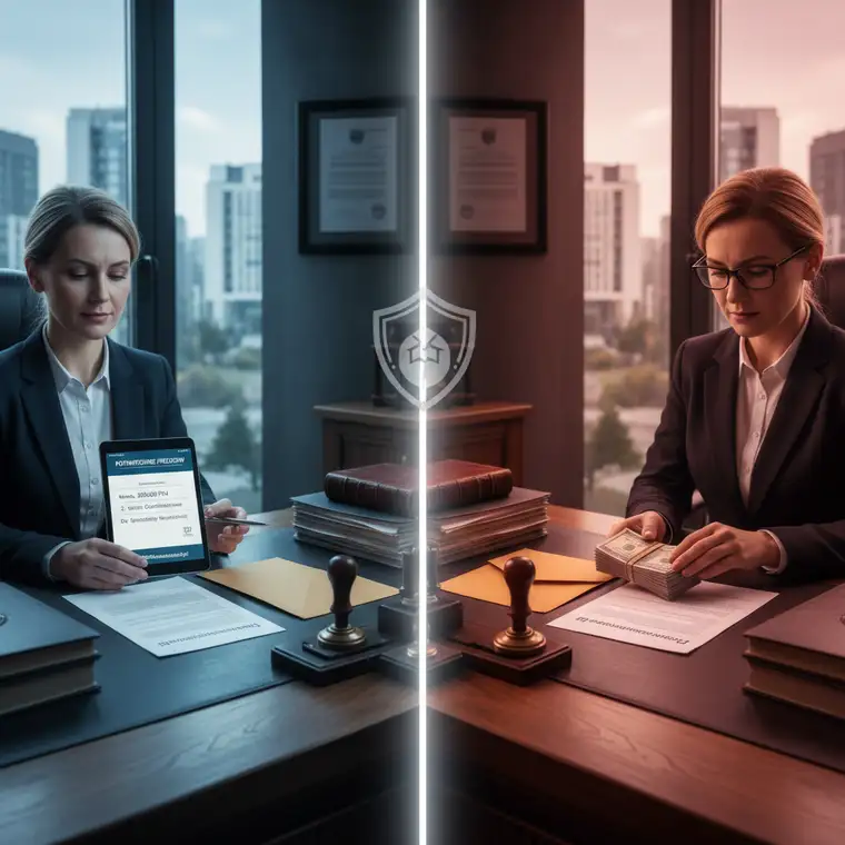 Notariusz omawia z klientem oświadczenie o pochodzeniu środków z konta oszczędnościowego w trakcie transakcji zakupu mieszkania