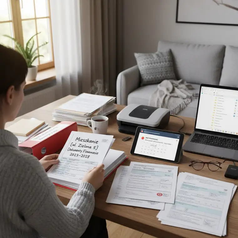 Archiwum domowe z segregatorami i teczkami, w których właściciel mieszkania przechowuje dokumenty pochodzenia środków oraz umowy podatkowe związane z zakupem nieruchomości