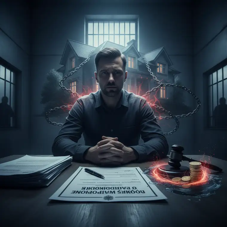 Para kupująca mieszkanie u pośrednika nieruchomości, omawiająca pochodzenie środków i unikająca ryzyka fałszywego oświadczenia