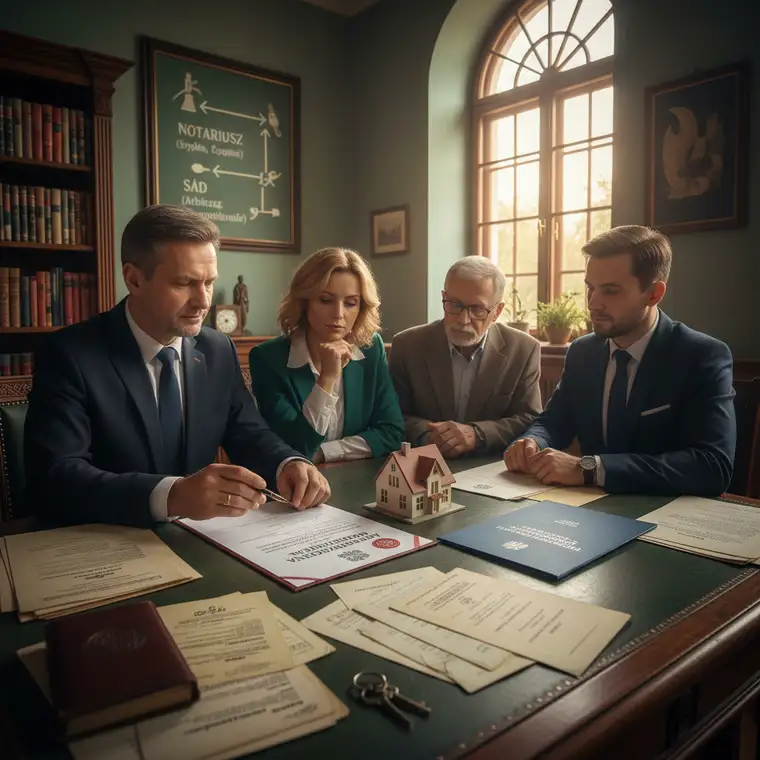 Sala sądowa podczas rozprawy o stwierdzenie nabycia spadku, sędzia rozstrzyga spór między spadkobiercami o nieruchomość