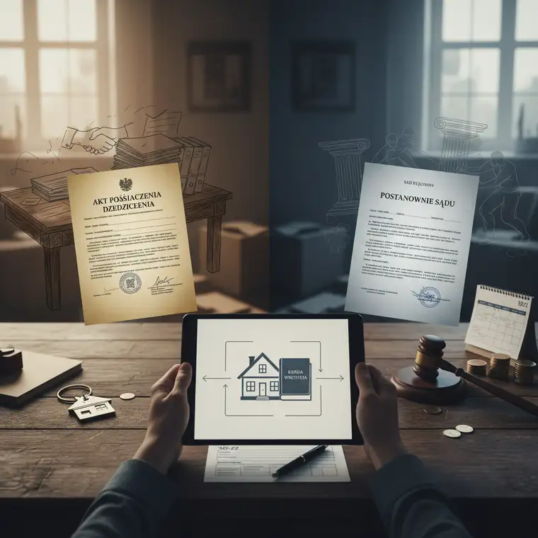 Sędzia i dokumenty spadkowe podczas rozprawy o dziedziczenie mieszkania, wybór sądowego stwierdzenia nabycia spadku