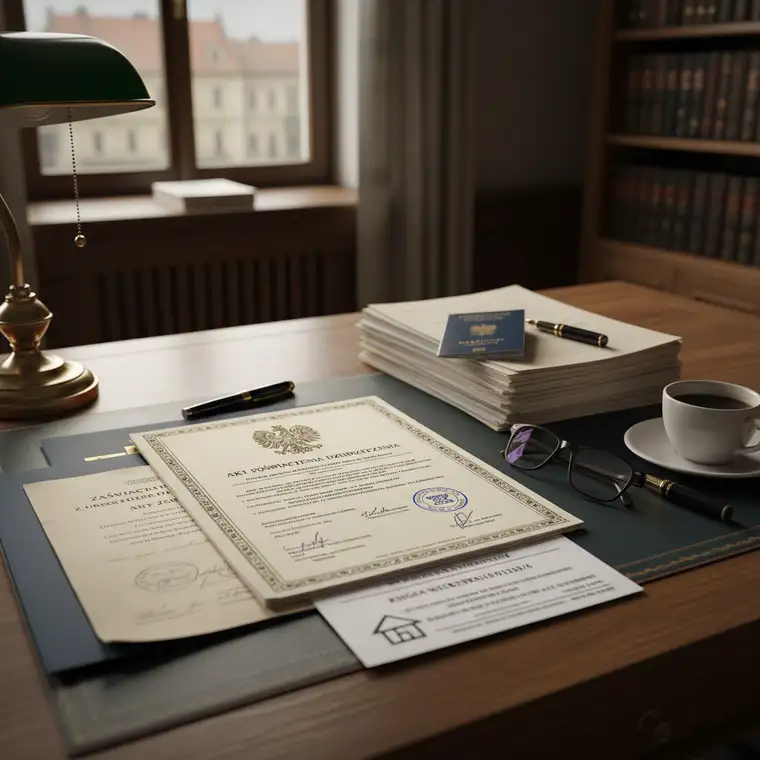 Spadkobierca trzyma akt zgonu i inne dokumenty przy biurku, przygotowując się jakie dokumenty zabrać do notariusza po akt poświadczenia dziedziczenia mieszkania