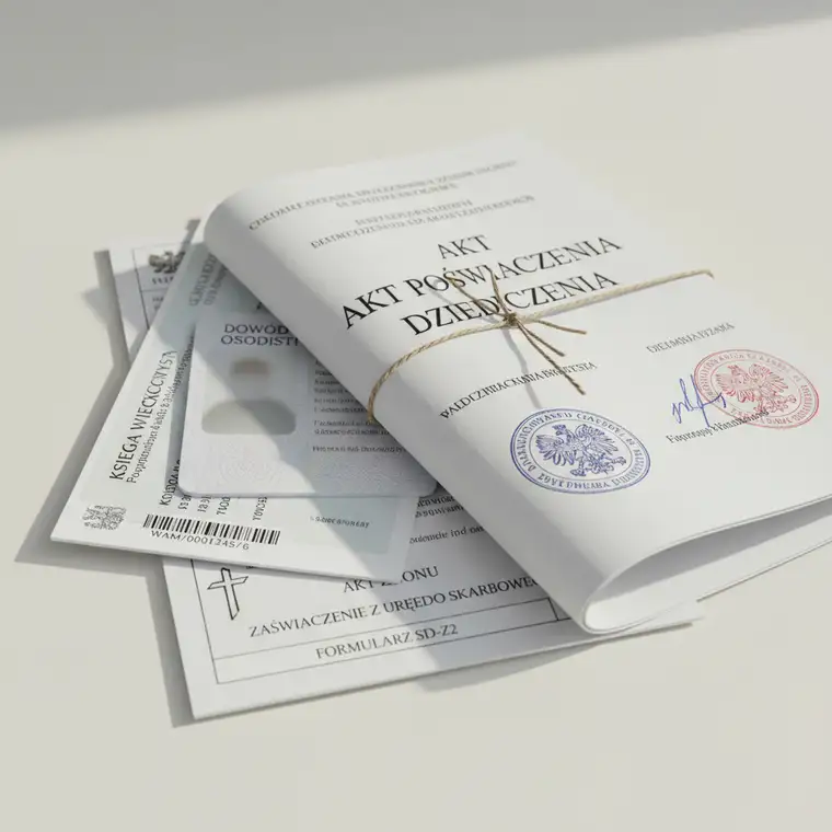 Notariusz i spadkobiercy omawiają przy biurku jakie dokumenty zabrać do notariusza po akt poświadczenia dziedziczenia mieszkania, przygotowując wniosek do księgi wieczystej