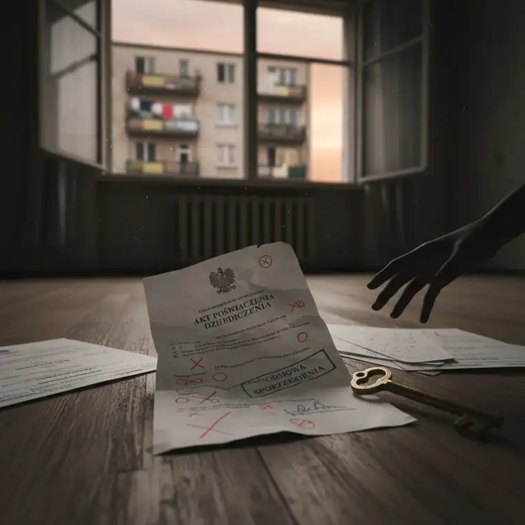 Notariusz analizuje dokumenty dotyczące dziedziczenia mieszkania, wskazując na braki i błędy blokujące akt poświadczenia dziedziczenia