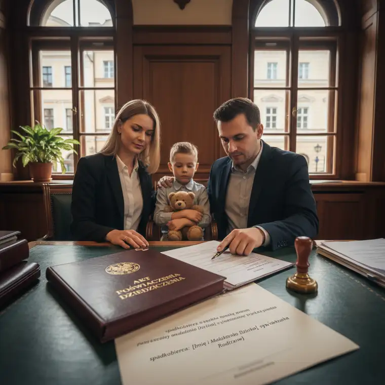 Rodzice z dzieckiem rozmawiają z prawnikiem o zgodzie sądu rodzinnego na sprzedaż mieszkania po zmarłym