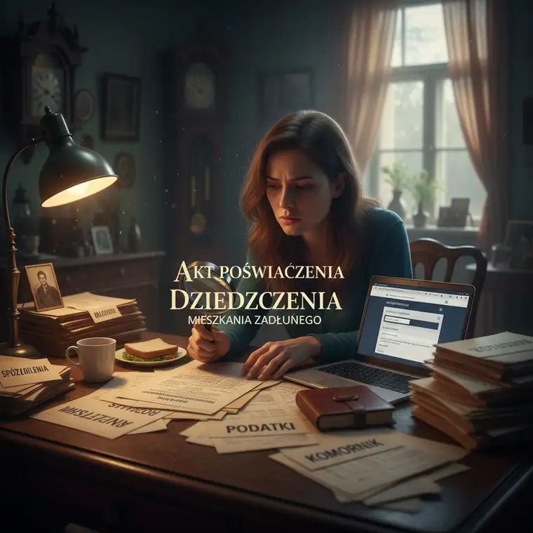 Rodzina omawia z prawnikiem akt poświadczenia dziedziczenia mieszkania zadłużonego, analizując dokumenty i możliwe długi przed podjęciem decyzji