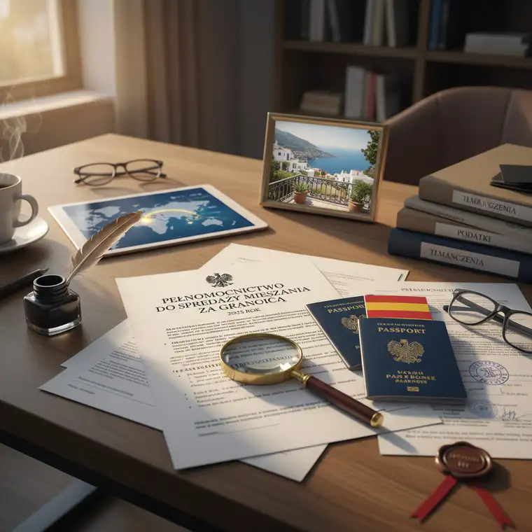 Notariusz przygotowujący pełnomocnictwo do sprzedaży mieszkania za granicą w 2025 roku z dokumentami klienta