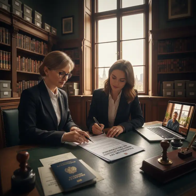 Klient omawia z notariuszem szczegóły pełnomocnictwa szczególnego do sprzedaży mieszkania, analizując dane nieruchomości i zakres uprawnień