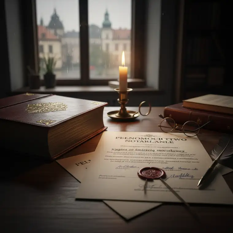 Prawnik tłumaczy klientom działanie pełnomocnictwa nieodwołalnego i wyjątki, kiedy pełnomocnictwo notarialne do sprzedaży mieszkania nie wygasa po śmierci właściciela, na tle planu lokalu