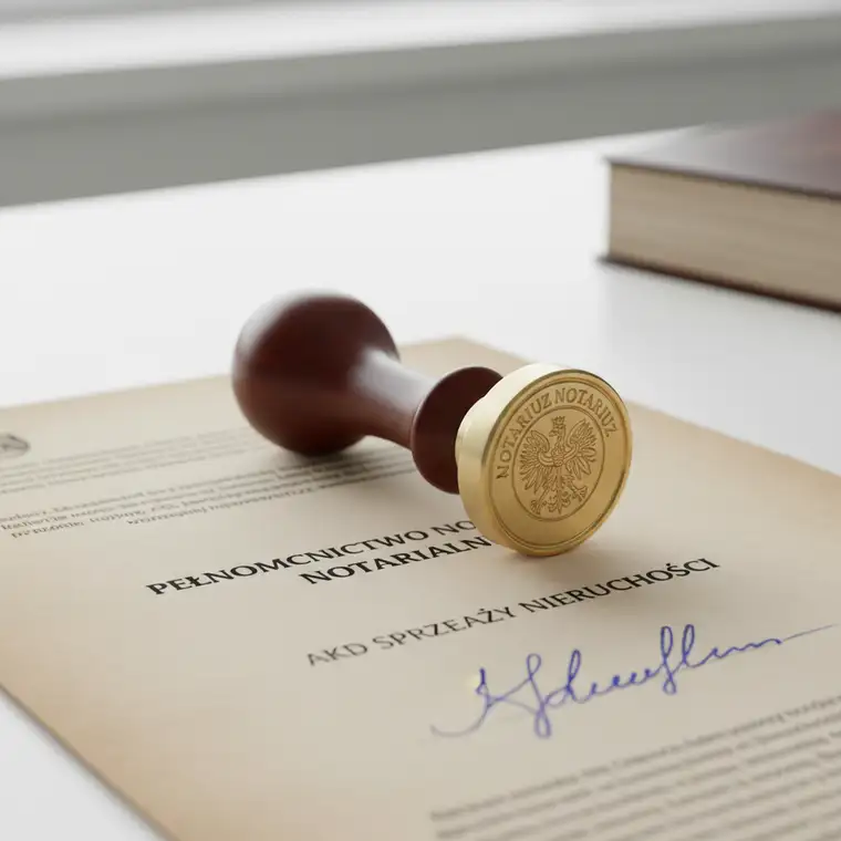Notariusz omawia z klientem, czy pełnomocnictwo notarialne do sprzedaży mieszkania wygasa po śmierci właściciela, pokazując zapisy aktu notarialnego na tle dokumentów i planu nieruchomości