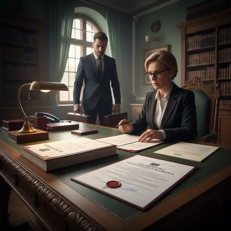 Spotkanie z notariuszem przy stole z dokumentami sprzedaży mieszkania, omawianie szczegółów pełnomocnictwa i aktu notarialnego