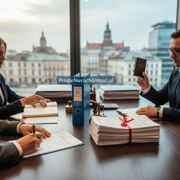 Para omawiająca z notariuszem koszty pełnomocnictwa notarialnego do zakupu mieszkania w dużym mieście przy dokumentach i laptopie