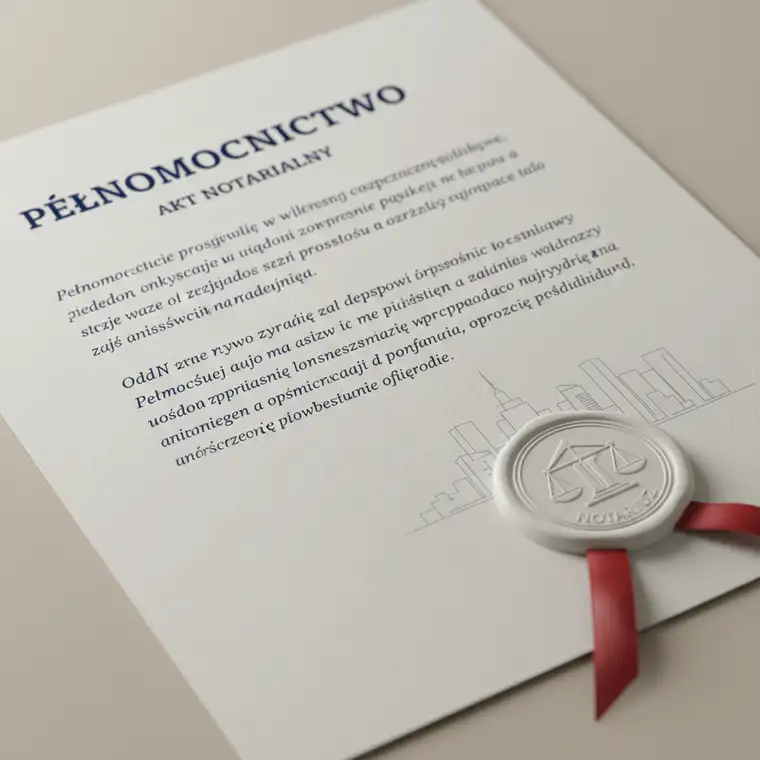 Osoba podpisująca pełnomocnictwo notarialne do zakupu mieszkania w kancelarii, dokument na biurku i notariusz wyjaśniający koszty aktu