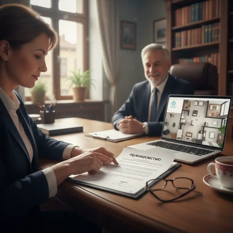 Notariusz omawiający z rodzicem i dorosłym dzieckiem pełnomocnictwo do zakupu mieszkania, dokumenty nieruchomości na biurku