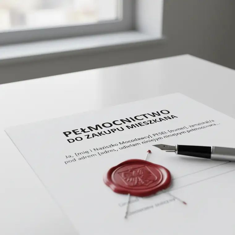 Rodzic podpisujący u notariusza pełnomocnictwo do zakupu mieszkania dla dziecka pełnoletniego, dokumenty i klucze na stole