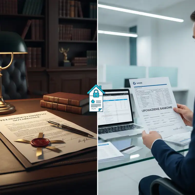 Doradca w banku wyjaśnia klientom, jak działa upoważnienie bankowe i kiedy nie zastąpi pełnomocnictwa notarialnego przy kredycie mieszkaniowym