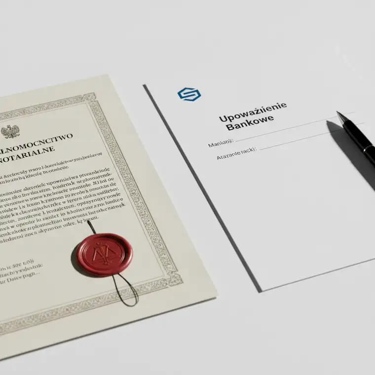 Para analizuje różnice między pełnomocnictwem notarialnym a upoważnieniem bankowym przy kredycie na zakup mieszkania, siedząc przy stole z dokumentami