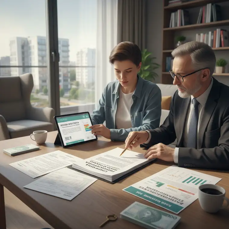 Prawnik sprawdzający umowę przedwstępną sprzedaży mieszkania przed zadatkiem w 2026 z klientami przy biurku