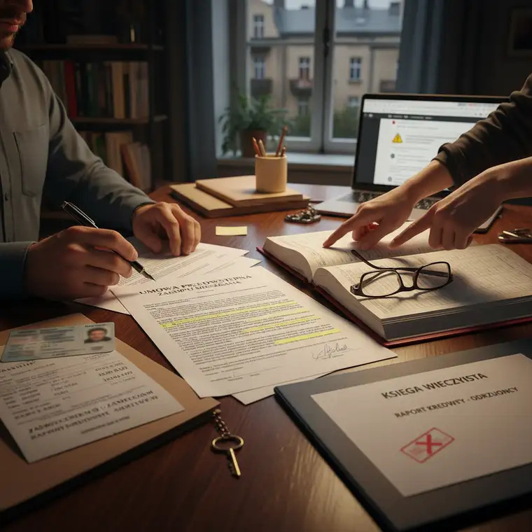 Mieszkanie na rynku wtórnym z kluczami i umową przedwstępną na biurku, symbolizujące znaczenie zapisów o kredycie hipotecznym