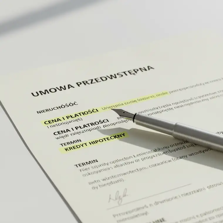 Para analizuje umowę przedwstępną zakupu mieszkania na rynku wtórnym przy stole z dokumentami i laptopem, zwracając uwagę na najczęstsze błędy