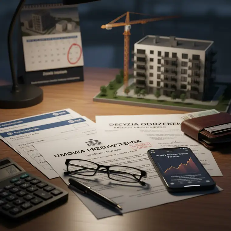 Notariusz omawia z klientami klauzulę warunkową w umowie przedwstępnej, wyjaśniając, kiedy zadatek podlega zwrotowi po odmowie kredytu