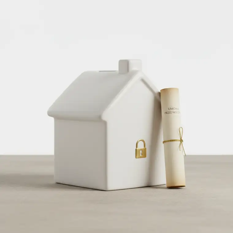 Młoda para przegląda umowę przedwstępną z deweloperem, analizując ryzyko utraty zadatku przy odmowie kredytu hipotecznego przez bank