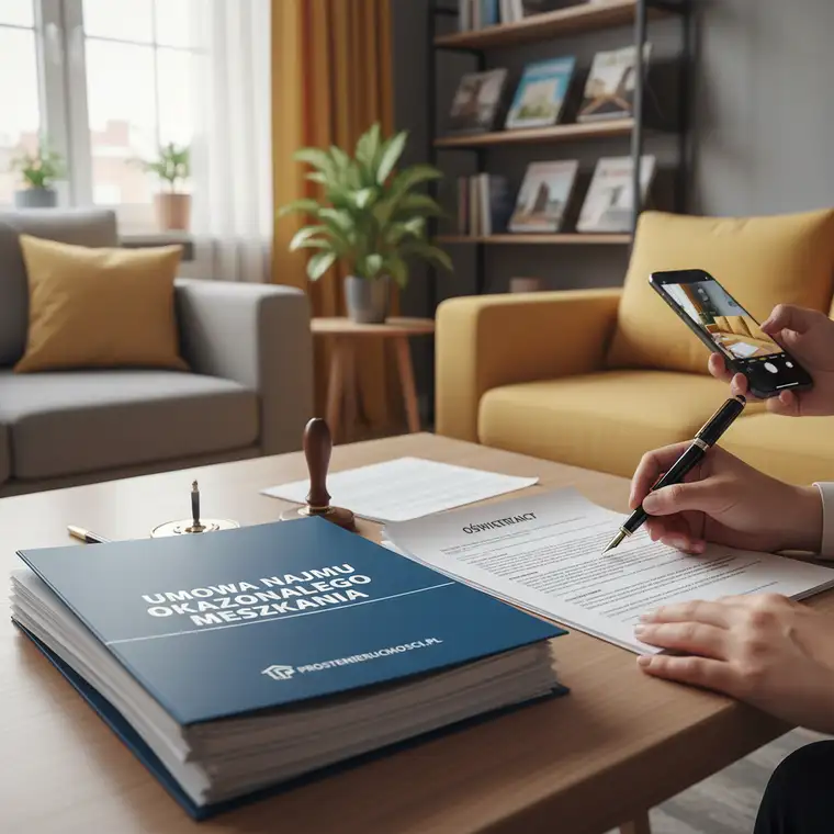 Młoda para podpisująca protokół zdawczo-odbiorczy mieszkania przy umowie najmu okazjonalnego, z widocznymi kluczami i dokumentami