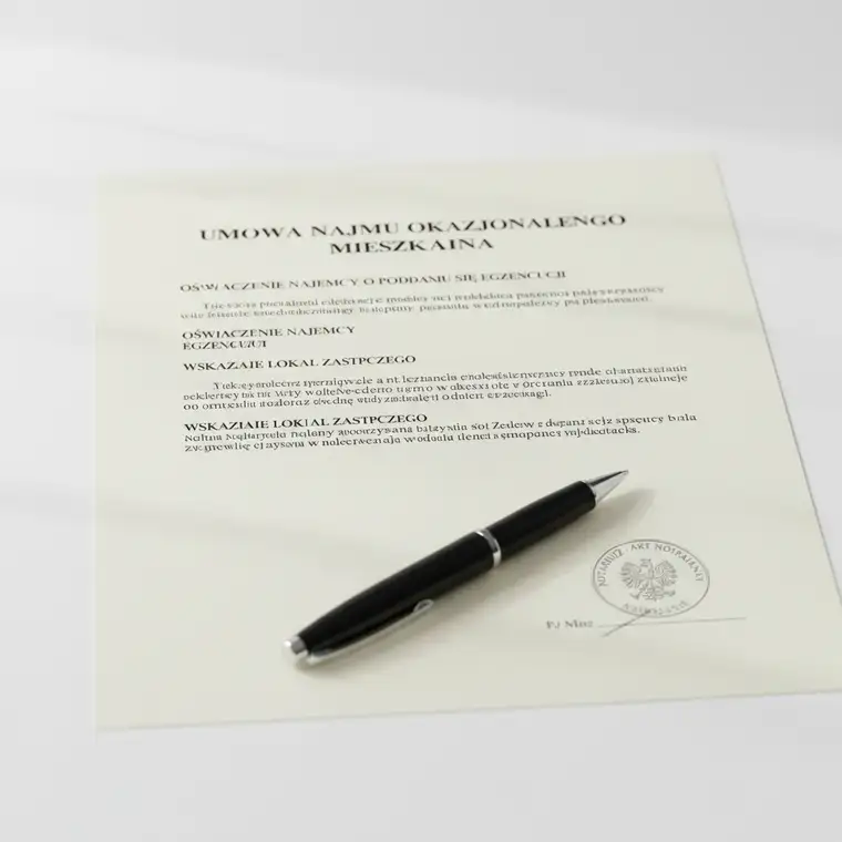 Mieszkanie podczas podpisywania umowy najmu okazjonalnego, właściciel i najemca analizują dokumenty zabezpieczające wynajem lokalu