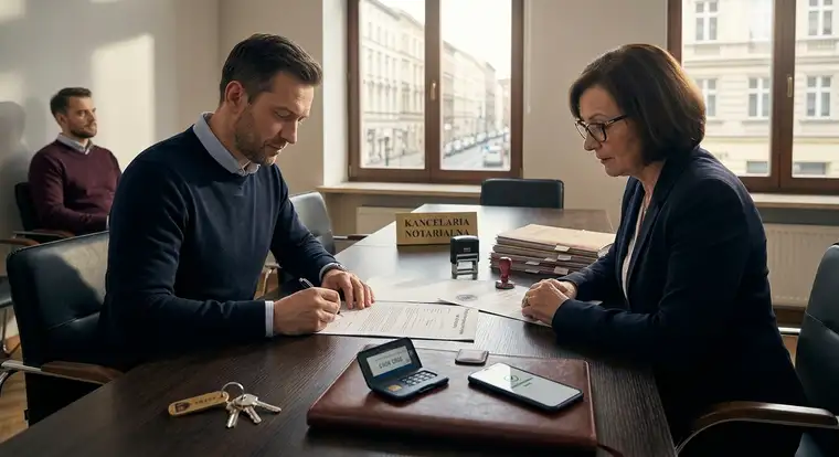 Notariusz przygotowujący protokół depozytu notarialnego przy zakupie mieszkania z rynku wtórnego, omawiający warunki zwolnienia środków