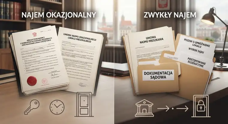 Wybór między najmem okazjonalnym a zwykłym najmem mieszkania, z widocznym kluczem do mieszkania i dokumentami, ułatwia decyzję właścicielowi lokalu