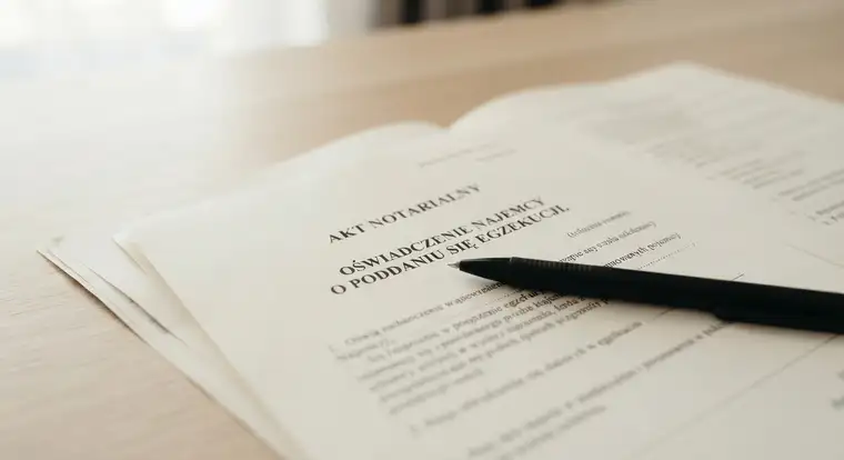 Najem okazjonalny - dokumenty i klucze do mieszkania na biurku, symbol notarialnego oświadczenia najemcy i bezpiecznego wynajmu